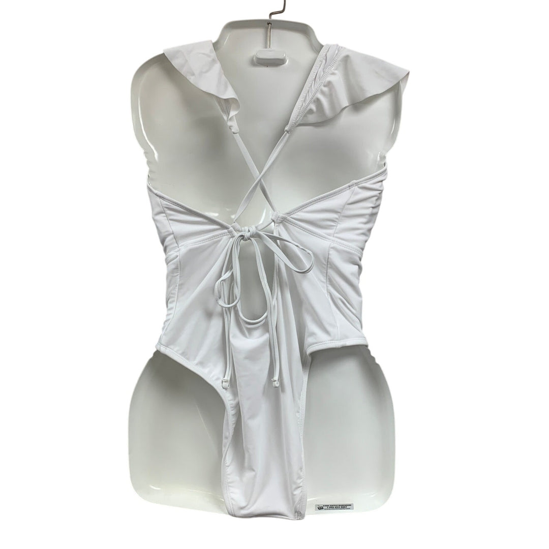 New Shade &amp; Shore Womens XL Cheeky Low V Ruffled Solid White 1PC Swim Suit