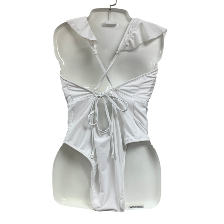 New Shade &amp; Shore Womens XL Cheeky Low V Ruffled Solid White 1PC Swim Suit
