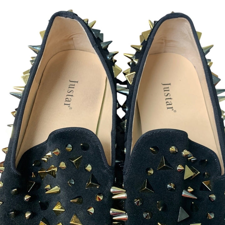 Justar Mens 11 Black Suede Leather Gold Spikes Studded Loafer Slide On Shoes