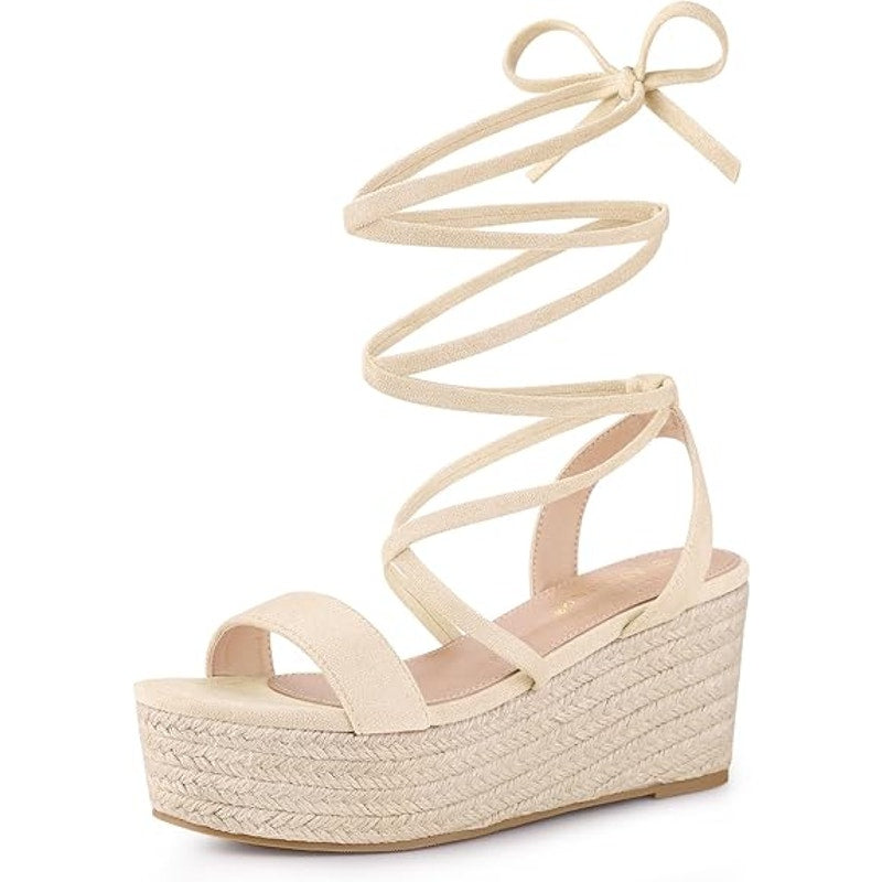 Allegra K Women Size 7 Tan 3" Heel Esoadrille LaceUp Wedge Platform Sandal Shoes