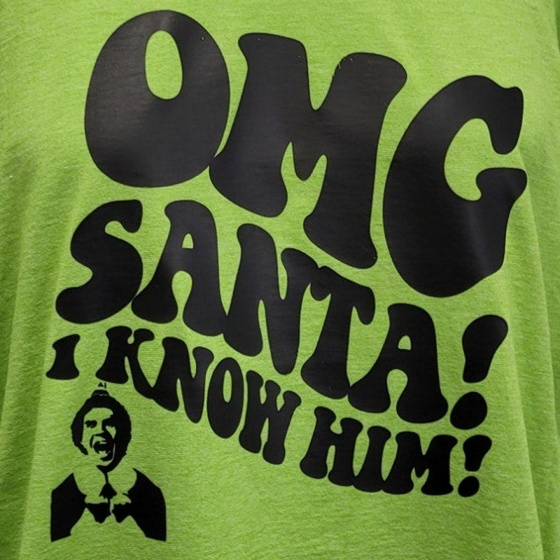 Hand Printed Upcycled Mens 4X OMG Santa I Know Him Elf Movie V Neck Tee Shirt