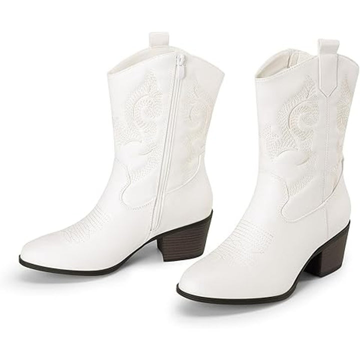 Dream Pairs Womens 8 White Faux Leather Mid Calf Cowgirl 2.5" Heel Boot Shoes
