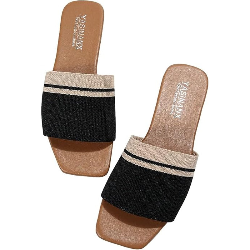 Yasinanx Womens Size 11.5 Black Fabric Strap Slide On Open Toe Flat Sandal Shoes