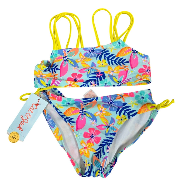 New Cat &amp; Jack Girls XS (4/5) UPF 50+ Blue Pink Floral Bikini 2PC Swimsuit