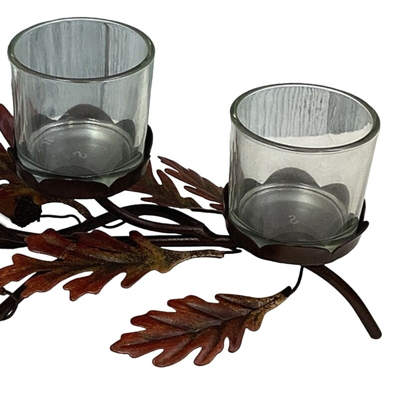 PartyLite 3 Glass Votive Metal Fall Leaf Acorn Themed Tabletop Candle Holder Set