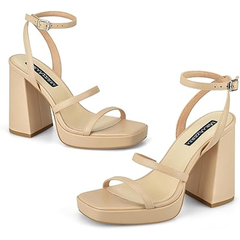 MiraAzzurra Womens Size 6 Tan 4.5" Chunky Heel Open Toe Ankle Strap Sandal Shoes