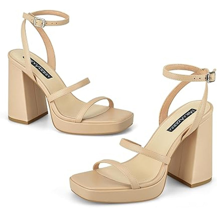 MiraAzzurra Womens Size 6 Tan 4.5" Chunky Heel Open Toe Ankle Strap Sandal Shoes
