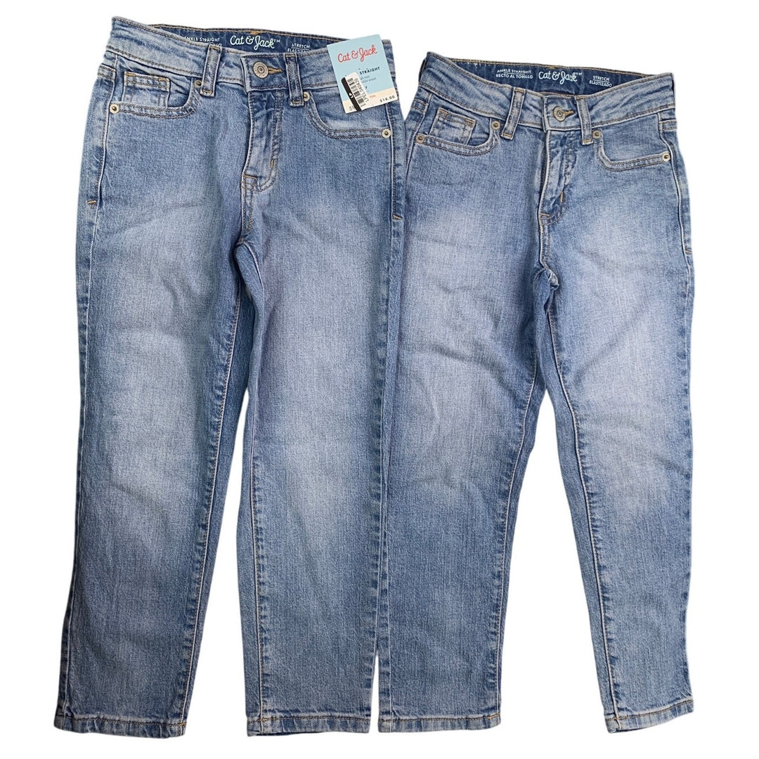 2 NWT New Cat &amp; Jack Girls 7 Ankle Straight Stretch Adjustable Waist Denim Jeans