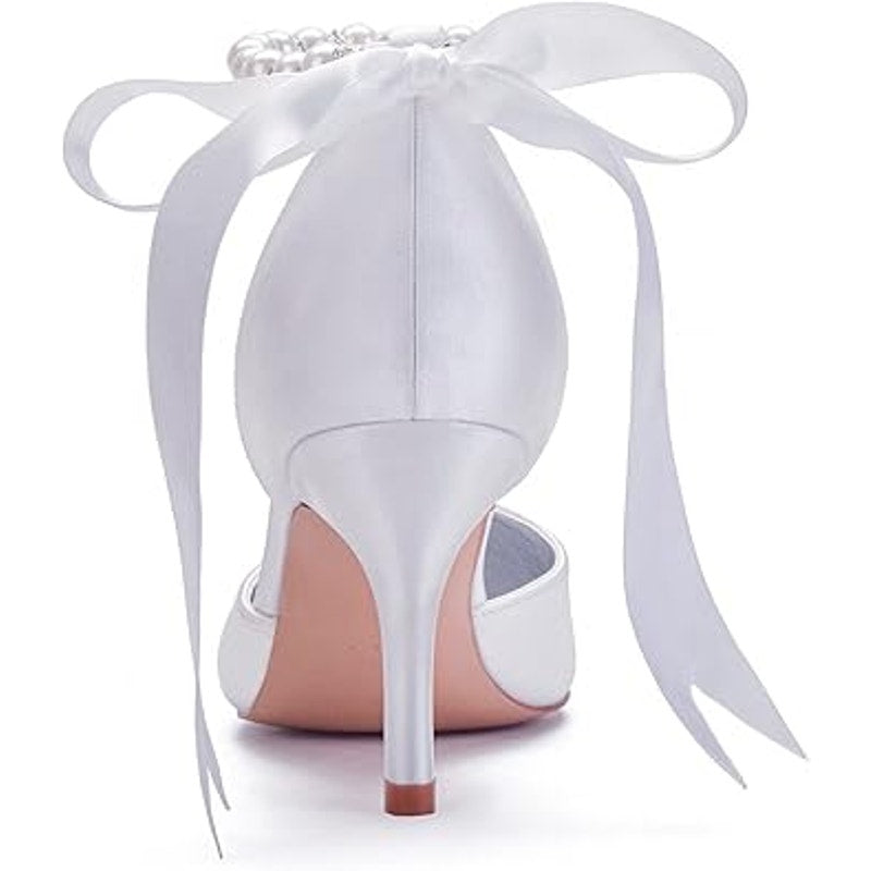 Womens Size 6.5 White Pearl Close Pointy Toe 3.5" Heel Ankle Strap Wedding Shoes