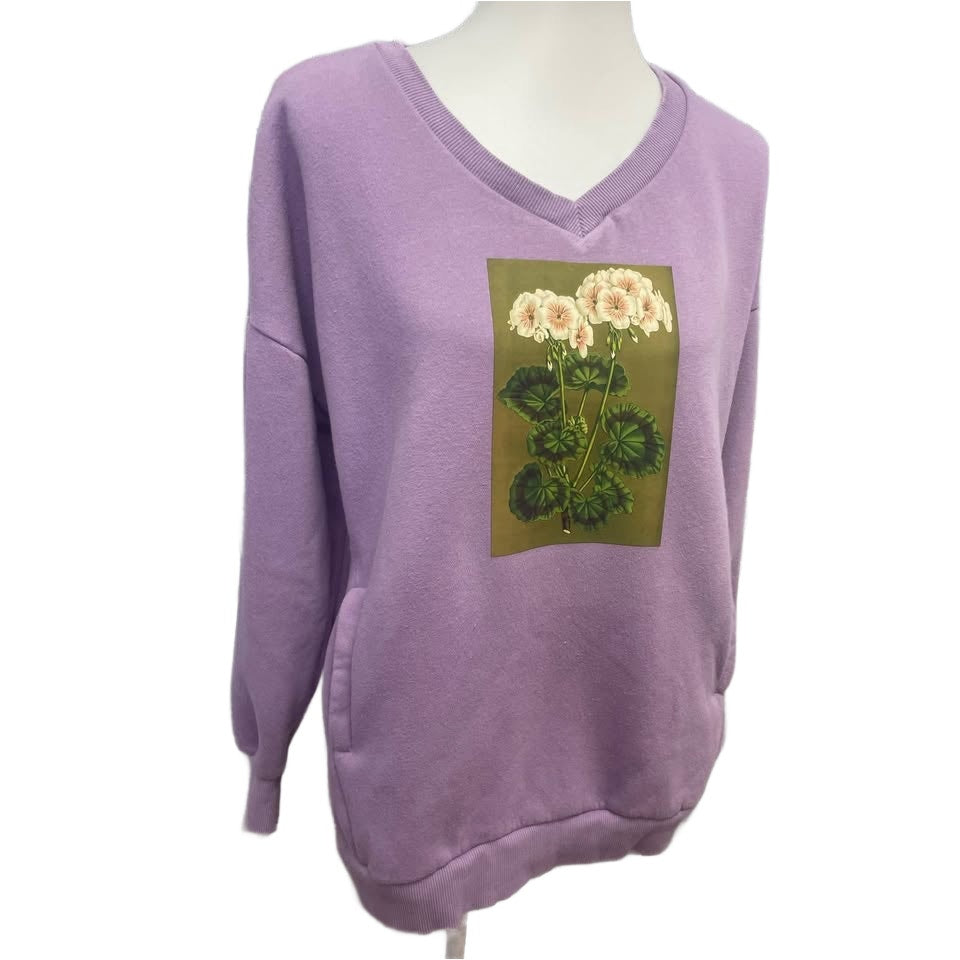 Hand Printed Medium Vintage Botanical Floral Recycled Polyester VNeck Sweatshirt
