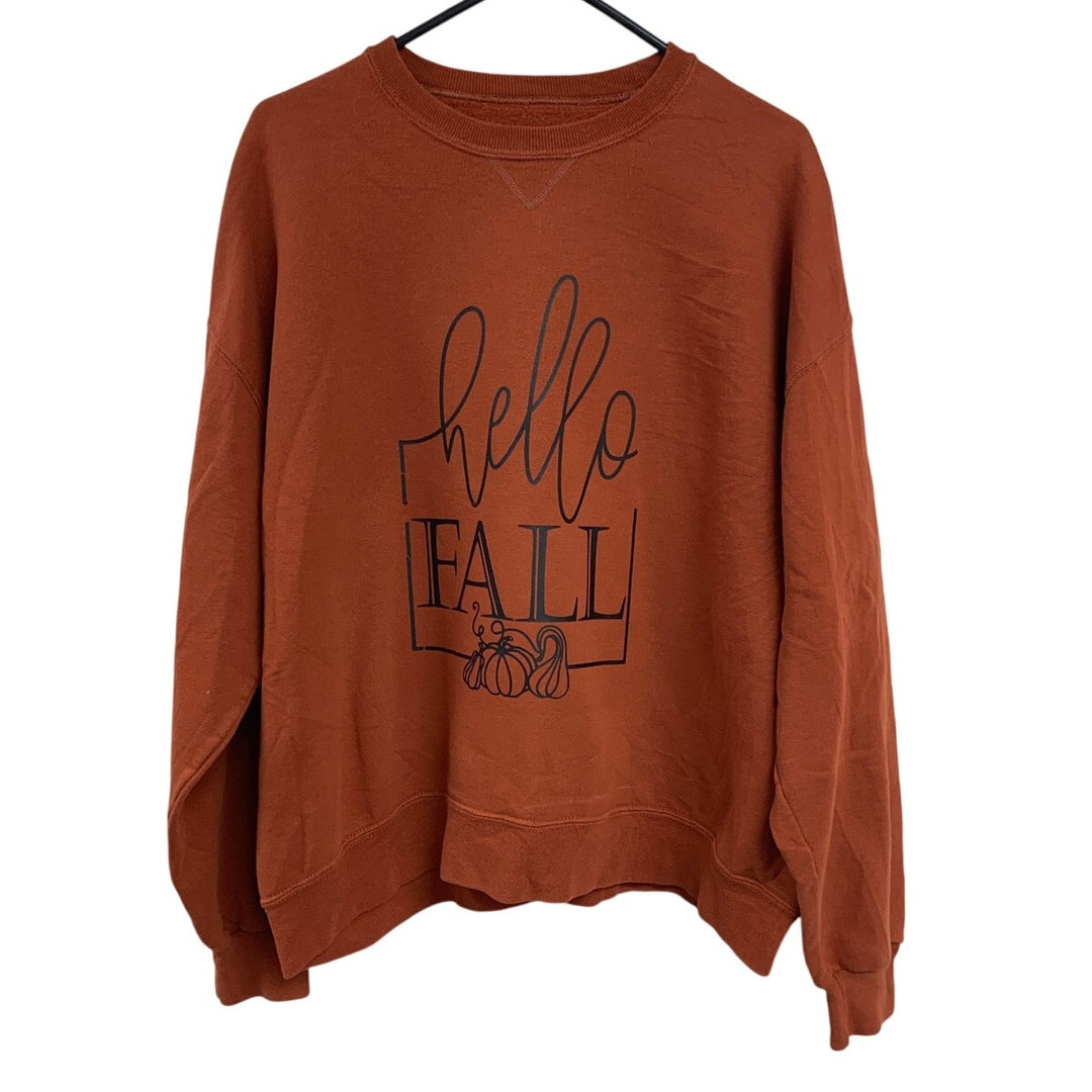 Upcycled Hand Printed Womens XL Orange Hello Fall Pumpkin Long Sleeve Sweatshirt