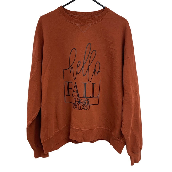 Upcycled Hand Printed Womens XL Orange Hello Fall Pumpkin Long Sleeve Sweatshirt