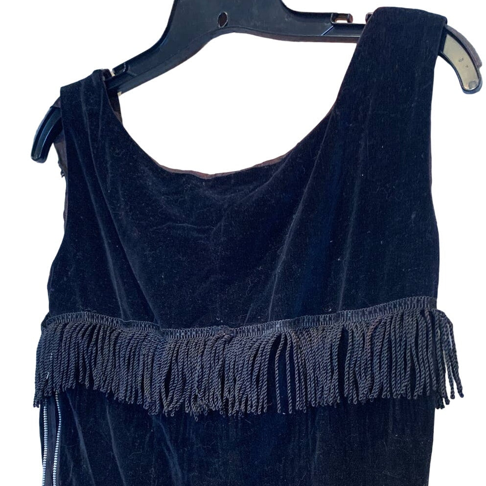 Vintage Small Black Velvet Fringed Flapper Dress Halloween Costume Needs Repair