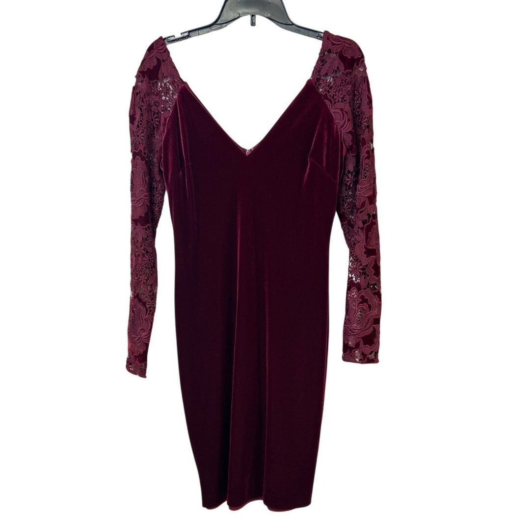 Badgley Mischka Size 8 Red Velvet Long Lace Sleeve Knee Length Sheath Dress Gown