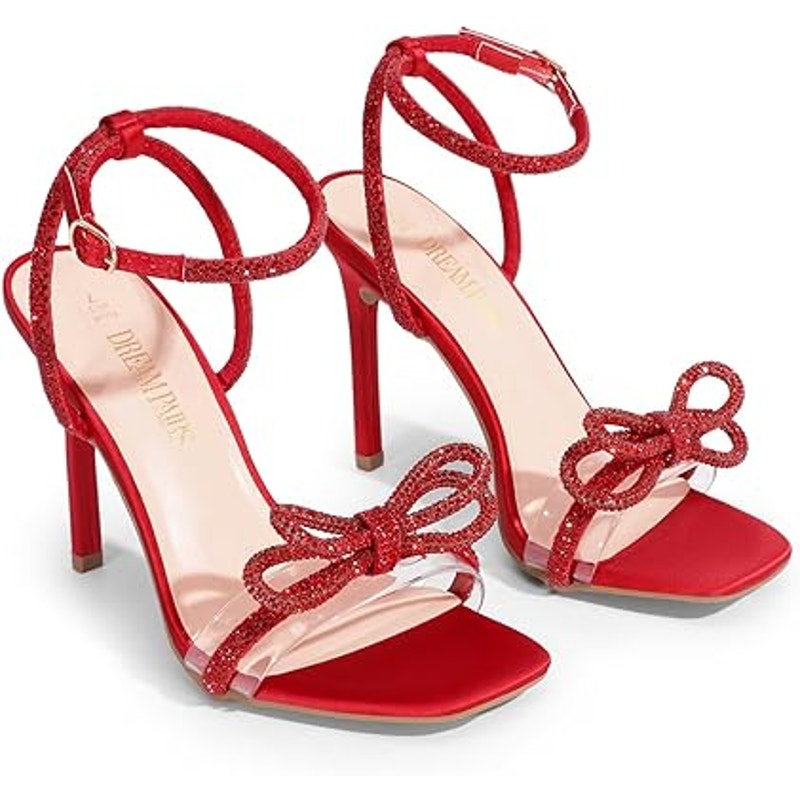 Dream Pairs Womens 9.5 Red Rhinestone Bow Clear Strap 4.5" Heel Open Toe Shoes