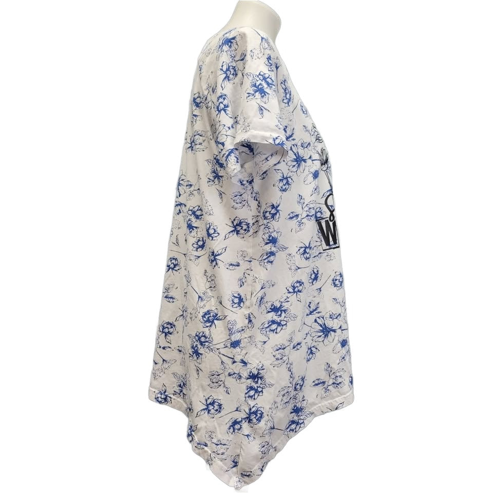 Hand Printed Upcycled Womens XL She Is A Wildflower Floral Flowing Cotton Tee