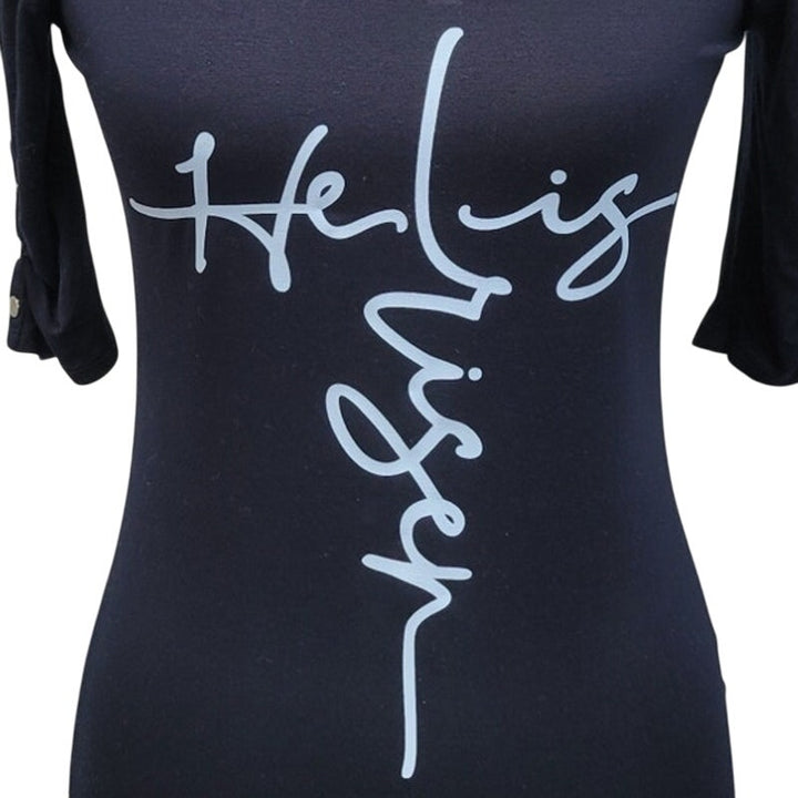 Hand Printed Upcycled Womens Small He Is Risen Easter Button Sleeve Tee Shirt