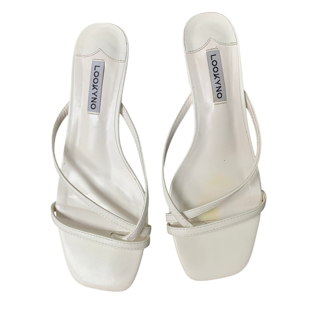 Lookyno Womens Size 8 White Strappy Open 3" Kitten Heel Slide On Toe Ring Shoes