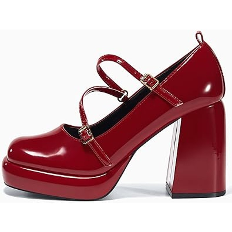 Coutgo Womens 7.5 Shiny Red 4" Chunky Heel Platform Mary Jane Closed Toe Shoes