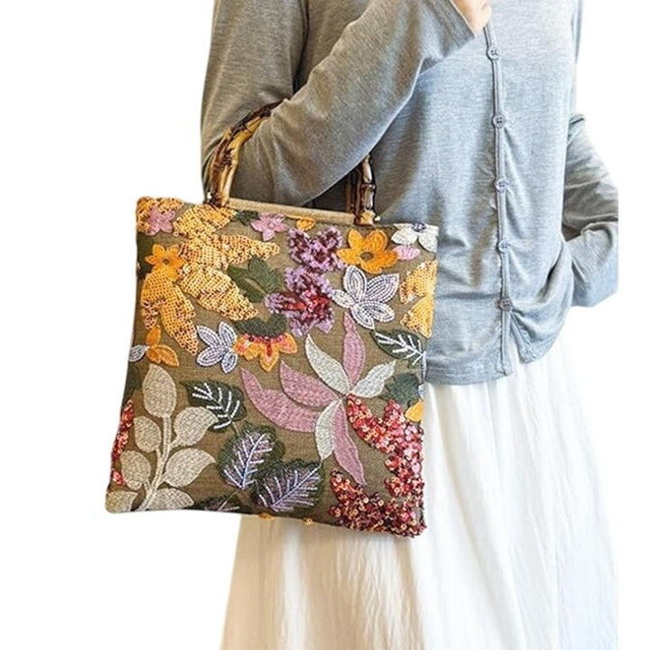 New Double Plastic Handle Sequin Flower Tan Orange Pink Green Magnetic Top Bag