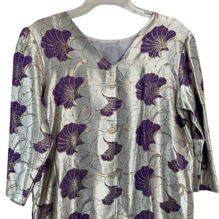 Womens XXL Silver Metallic Purple Floral Long Sleeve V Neck Midi Shift Dress
