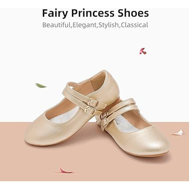 Parrosoo Toddler Girls Size 8 Matte Gold Flats Latch &amp; Hook Close Dress Shoes