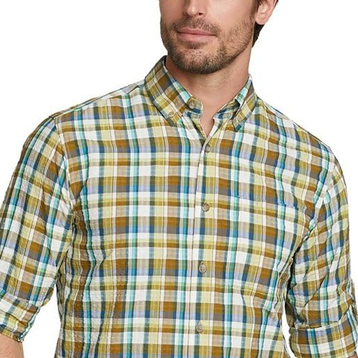 New Eddie Bauer Mens Olive Yellow Seertech Packable Long Sleeve Button Up Shirt