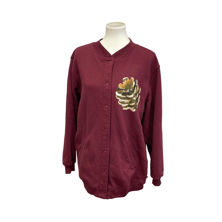 Hand Printed Medium Upcycled Rustic Woody Pine Cone Long Sleeve Snap Sweatshirt