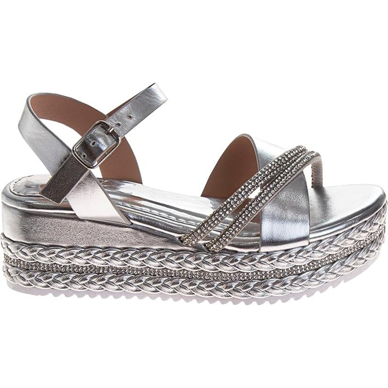 Badgley Mischka Little Girls Size 13 Silver Rhinestone Wedge Espadrille Sandals