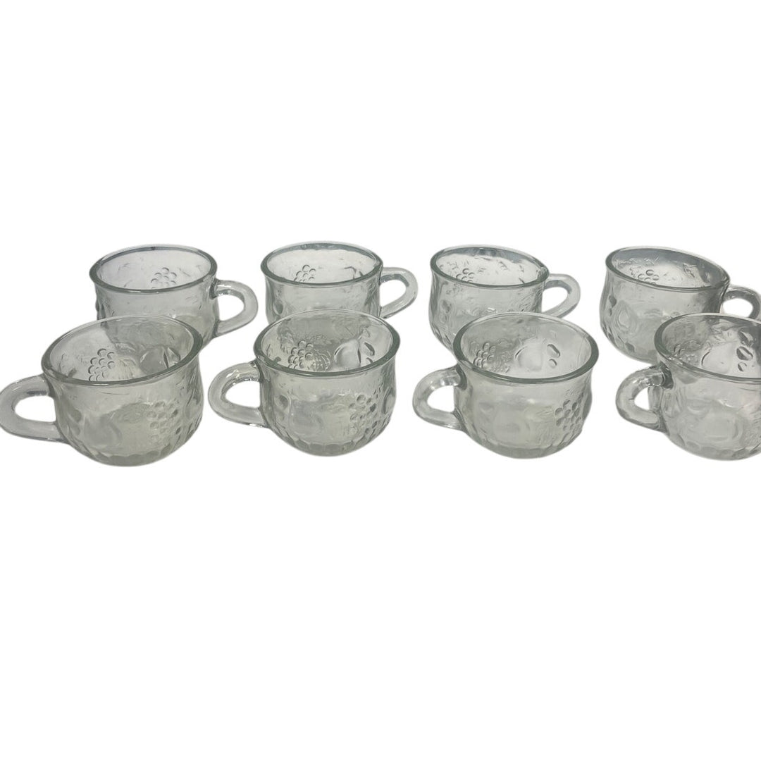 8 Vintage Small Clear Glass Grape Pear Fruit Themed Handled Punch Bowl Glasses