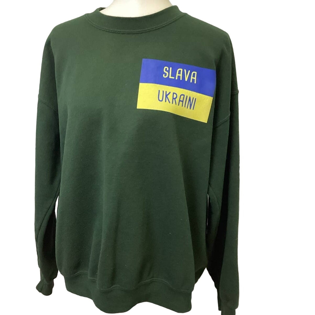 Hand Printed Upcycled Mens XL Slava Ukraini Long Sleeve Cotton Blend Sweatshirt
