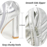 Wsheliu Womens Size 11 Silver Thigh High 4'5" Chunky Heel Zip Up Go Go Boots