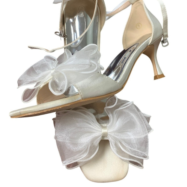 Coutgo Womens Size 9 Ivory White Ribbon Bow 2.5" Heel Open Toe Ankle Strap Shoes