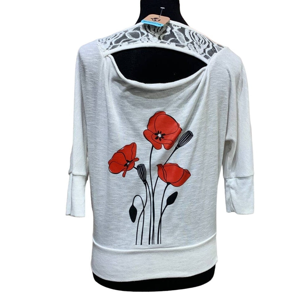 Hand Printed Upcycled Women XS Red Poppy Flower Lacy Back Keyhole Batwing Blouse