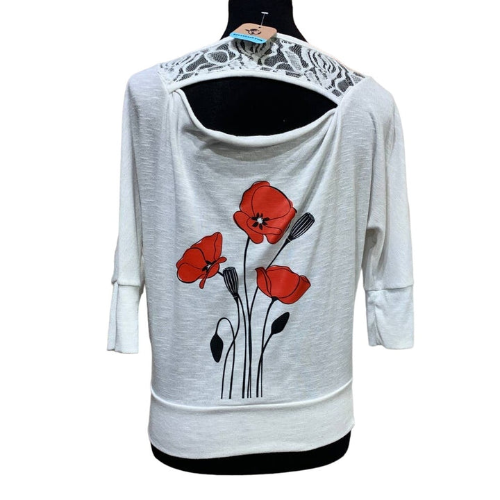 Hand Printed Upcycled Women XS Red Poppy Flower Lacy Back Keyhole Batwing Blouse