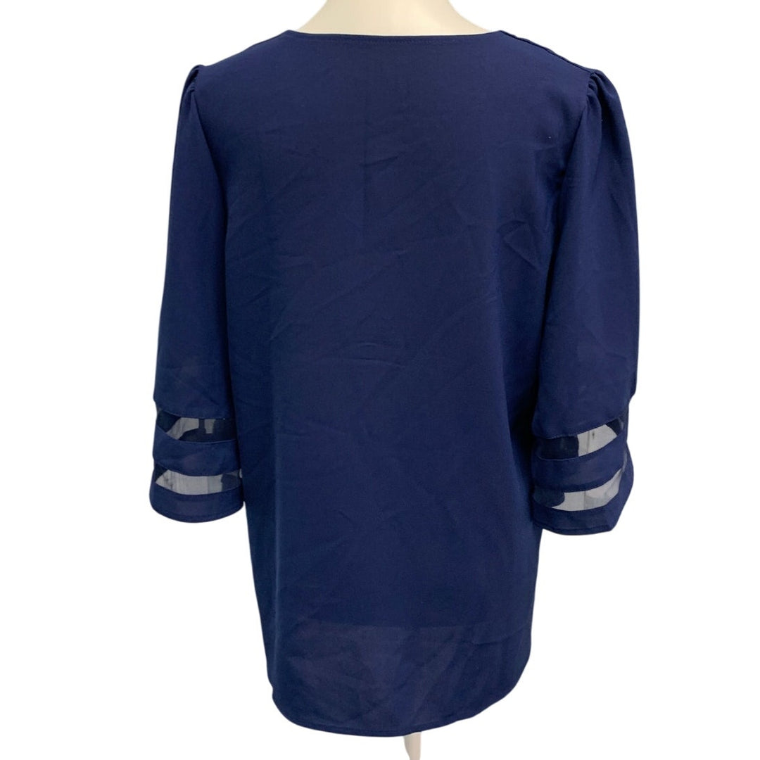 Womens Large Sheer Lightweight Deep V Neck Navy Blue Long Sleeve Top Blouse