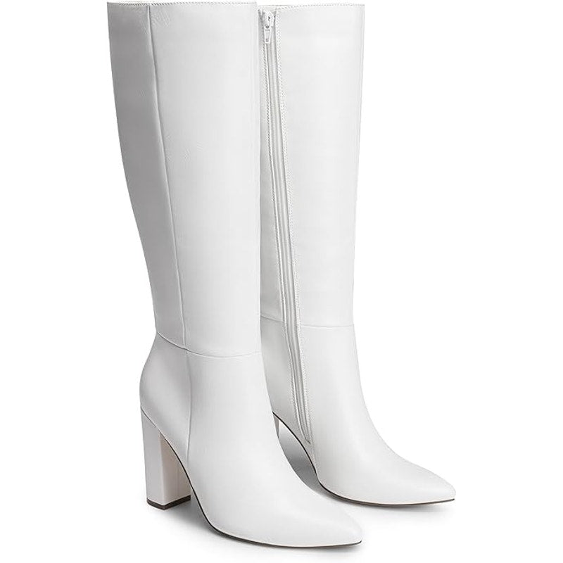 Dream Pairs Womens 6 White Faux Leather 4" Block Heel Knee High Side Zip Boots