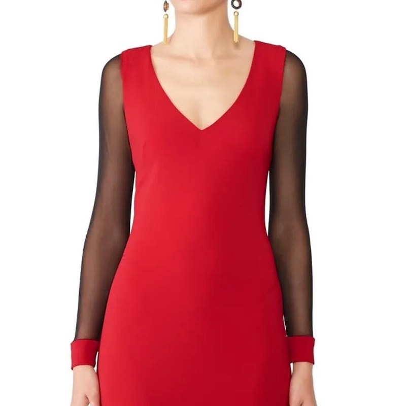 Badgley Mischka Women Size 4 Long Red Black Ruby Illusion Long Sleeve Gown Dress