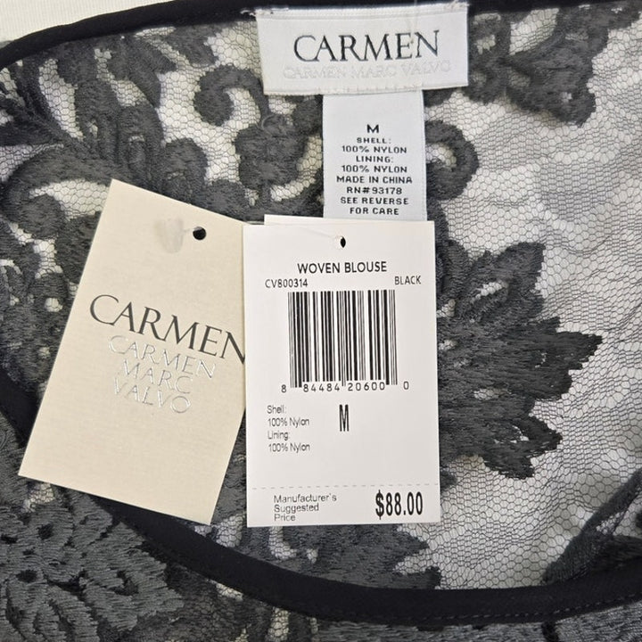 New Carmen Marc Valvo Womens Medium Nylon Lace Overlay Half Bell Sleeve Blouse