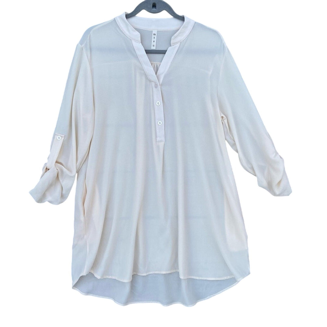 New Mitto Shop Medium Bubble Crepe Button Down Tab Sleeve Pocket Tunic Blouse