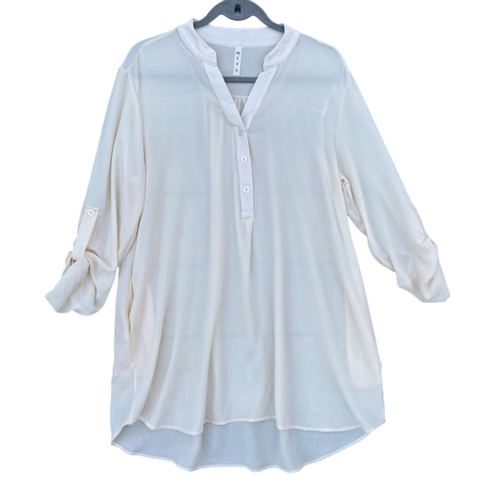 New Mitto Shop Medium Bubble Crepe Button Down Tab Sleeve Pocket Tunic Blouse