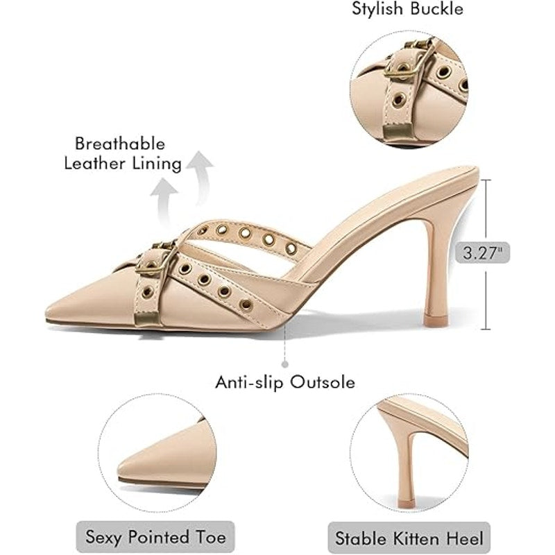 New Coutgo Womens Size 7.5 Tan Studs Slip On High Heel Backless Closed Toe Pumps