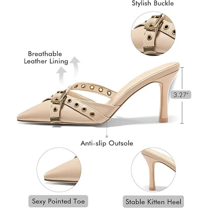 New Coutgo Womens Size 7.5 Tan Studs Slip On High Heel Backless Closed Toe Pumps