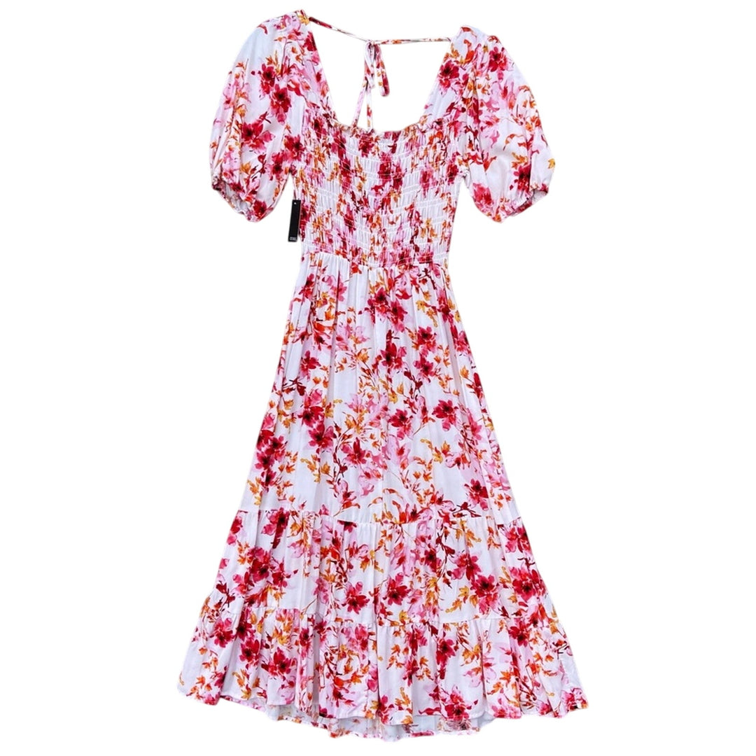 NWT New Cure Womens Medium Smocked Red Pink Floral Fit Flare Rayon Maxi Dress