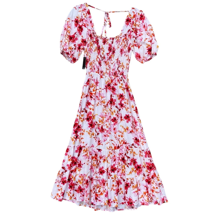NWT New Cure Womens Medium Smocked Red Pink Floral Fit Flare Rayon Maxi Dress