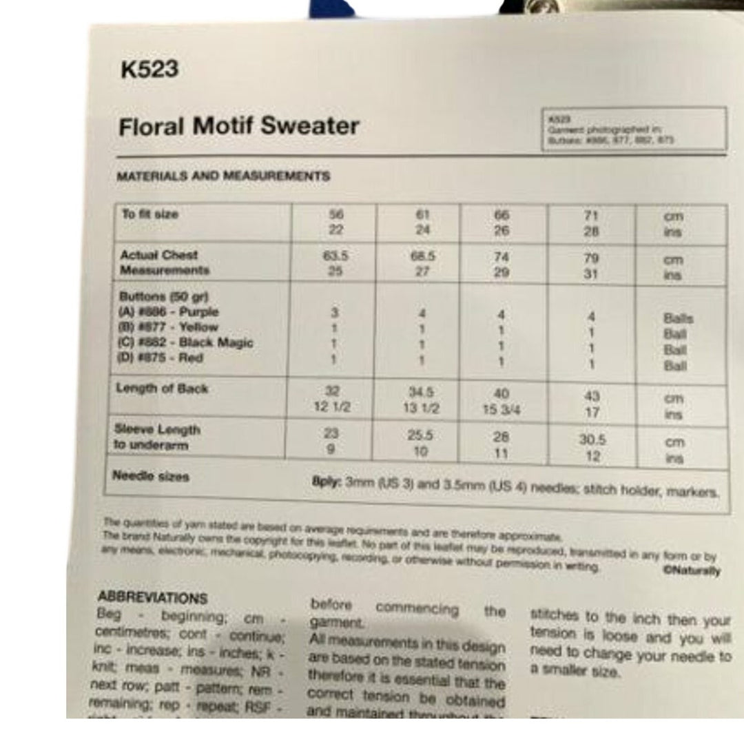 New Hand Knit Yarns by Naturally K523 Child Floral Sweater Knitting Pattern