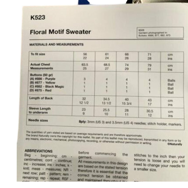 New Hand Knit Yarns by Naturally K523 Child Floral Sweater Knitting Pattern