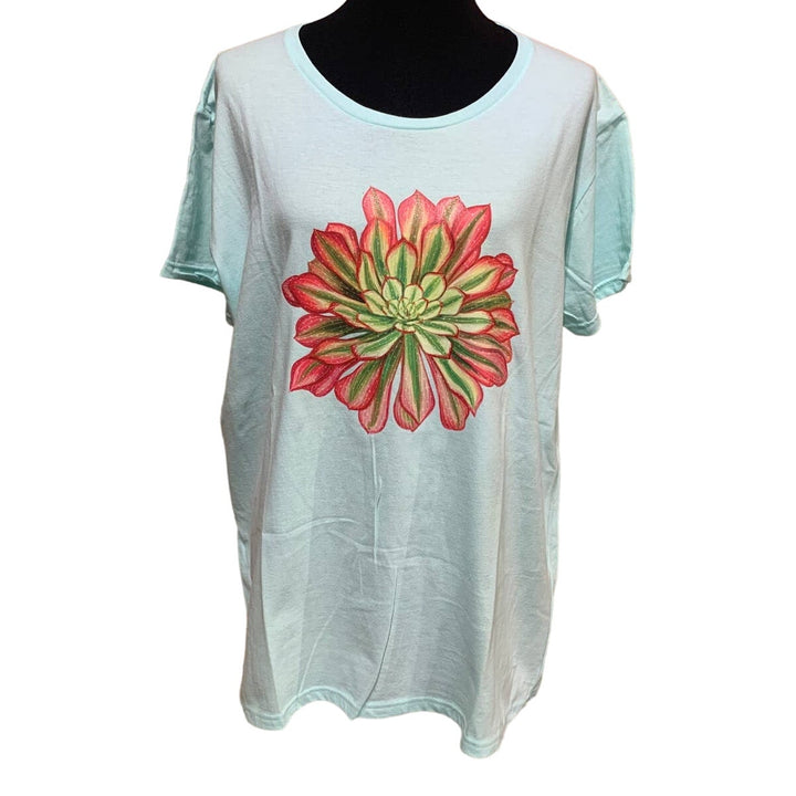 New Hand Printed 2XL Pink Green Succulent Cactus 100% Cotton Short Sleeve Tee