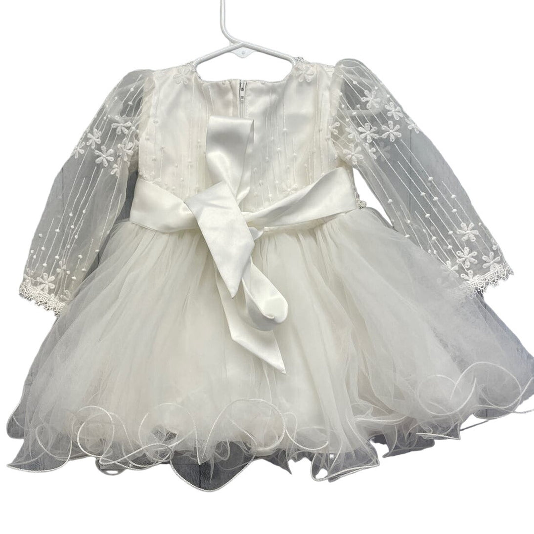 Girls Size 6 Long Sheer Sleeve Embroidered Pearls Flower Girl Wedding Dress