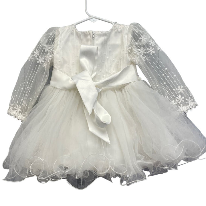 Girls Size 6 Long Sheer Sleeve Embroidered Pearls Flower Girl Wedding Dress